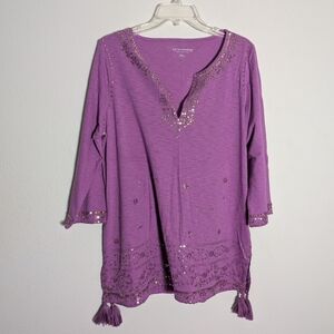 Soft‎ Surroundings Women's Shirt Gypsy Bohemian Sequins Tassels Petite Large LP